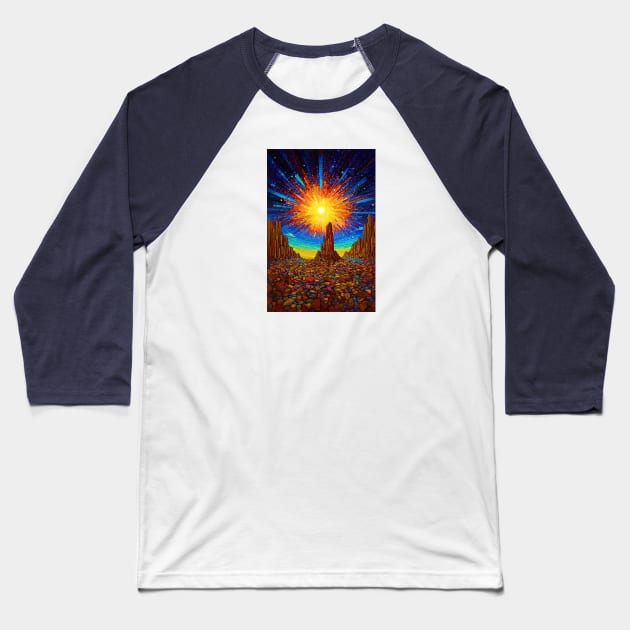 Celestial Cataclysm: A Meteor's Dance of Imminent Danger in the Stained Glass Desert Baseball T-Shirt by Nebula Nexus